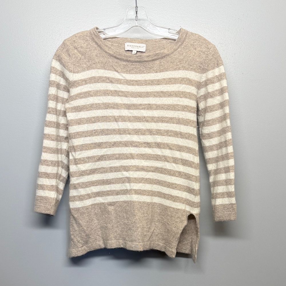 Bianco + Blu Merino and Cashmere Striped Crewneck Sweater